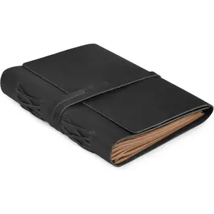 Genuine Bound Journal Writing Notebook for Men Women  Daily Writing Notepad Lined Paper 300 Kraft Pages, Handmade, Rustic Black, 8 X 6 in (A5)