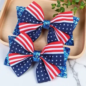 1 pair of American Independence Day (July 4th) Snap Hair Clips, multi colored striped fabric bow, American flag print, suitable for girls' holiday party gifts
