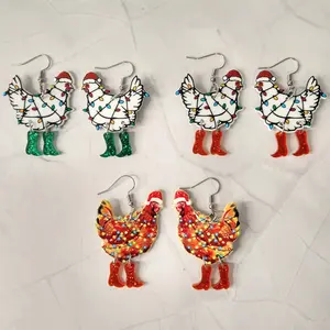 #560 White or Red Chicken with String Lights and Red or Green Glitter Boots Earrings- Stainless Steel Hooks- Casual Christmas Jewelry