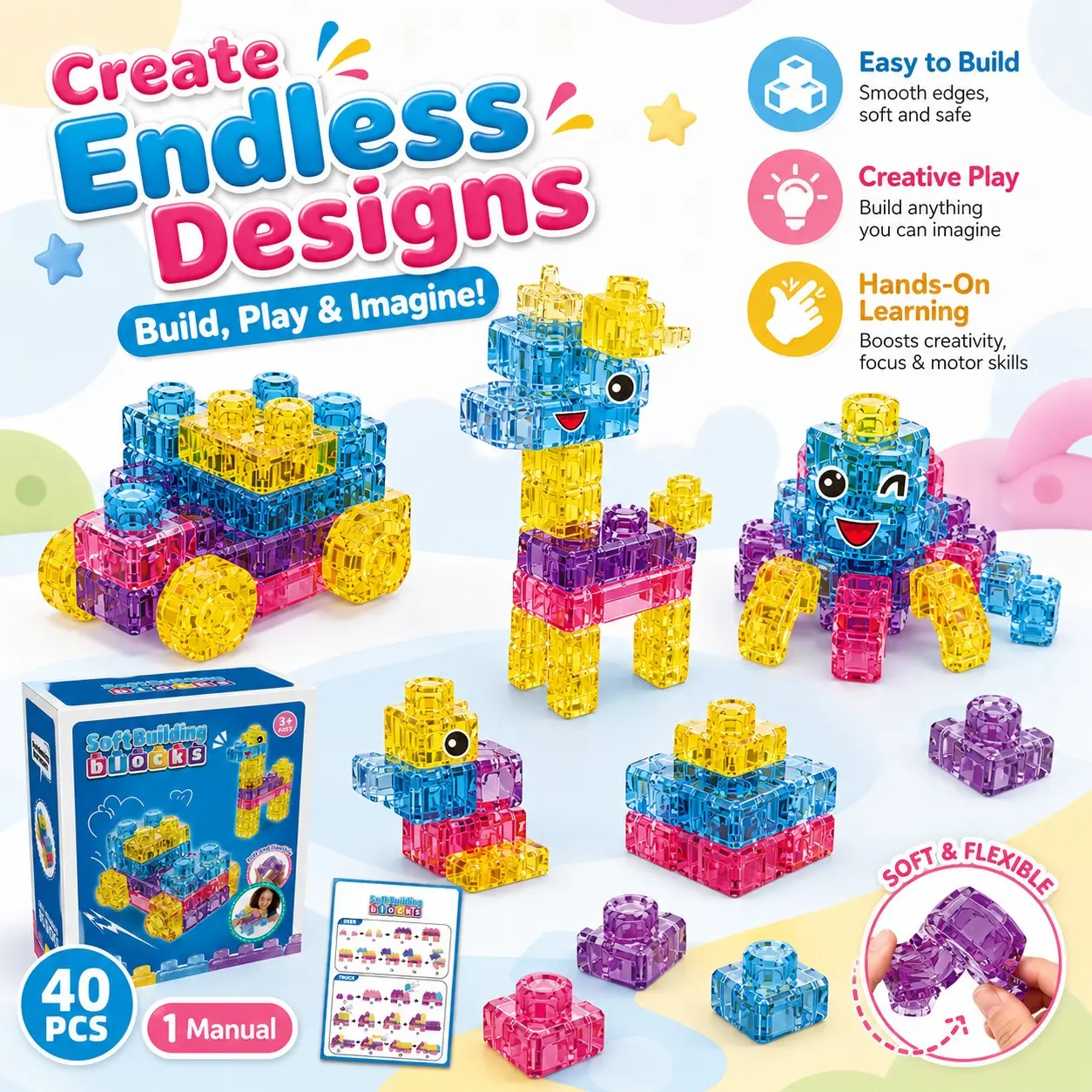 40PCS Jelly Building Blocks Set – Squeezable Stretchable Sensory Fidget Toy for Toddlers , Multi-color Stacking DIY Mini Soft Fun Blocks，Non-Toxic Washable Bath Play, Safe Creative Squishy Toy for Boys Girls，STEM Educational Birthday Gift for Kids Age 3+