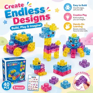 40PCS Jelly Building Blocks Set – Squeezable Stretchable Sensory Fidget Toy for Toddlers , Multi-color Stacking DIY Mini Soft Fun Blocks，Non-Toxic Washable Bath Play, Safe Creative Squishy Toy for Boys Girls，STEM Educational Birthday Gift for Kids Age 3+