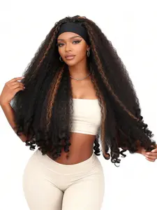 Afro Curly Headband Wig Synthetic Yaki Curly Half Wigs for Black Women 26 Inch Synthetic Glueless Wig with Unique Bouncy Curls in the End 4c Hair Style Wear and Go for Daily Party