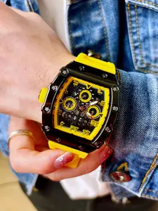 Bumblebee Mecha Contrast Watch Tonneau Black Case, Vibrant Yellow Silicone Strap, Hollow Mechanical Dial, Chronograph, Unisex Hardcore Street Watch