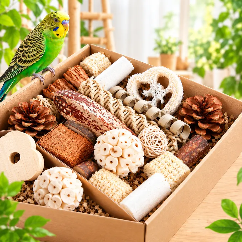 Bird-Safe Natural Bamboo-Rattan Foraging Box Toy - Corn Husks & Wood Build, Shredder, Paradise Entertainment, Interactive & Engaging Play, Ball Chaser, Gourmet Buffet Treasures, Easy-to-Set Up Toy for Small-Medium Birds (Parakeets, Conures)