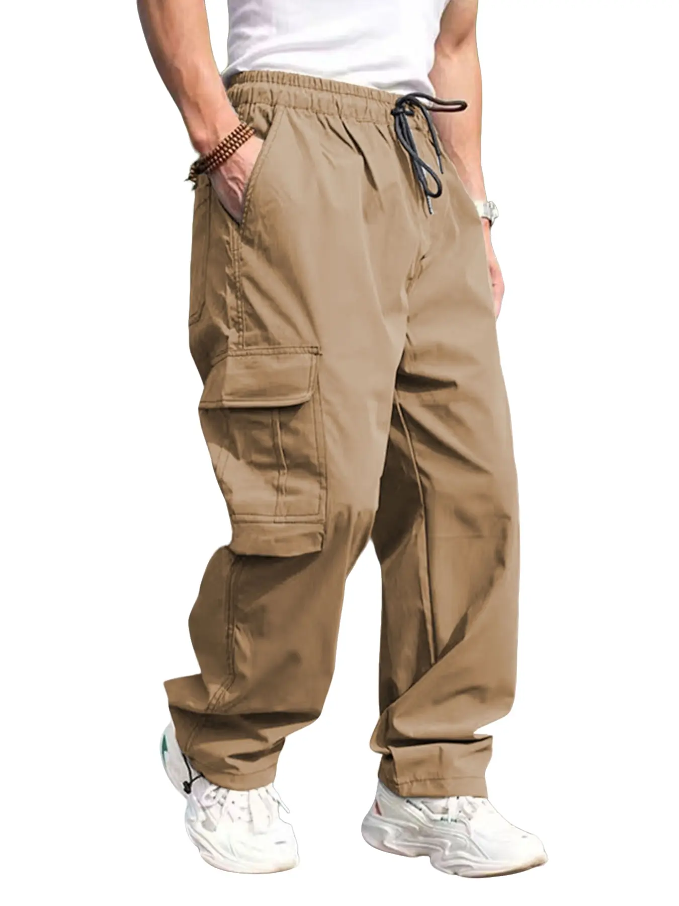 Men's Solid Color Flap Pocket Elastic Drawstring Waist Cargo Pants, Regular Fit Casual Street Straight Leg Trousers for Daily Wear, Men's Bottoms for All Seasons, Casual Sporty Trousers, Elastic Waistband Pants