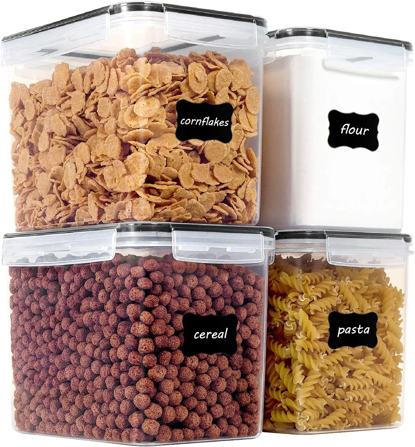 4 PCS Large Food Storage Containers 5.2L / 175oz, 4 Pieces  Plastic Airtight Canisters for Flour, Sugar, Baking Supplies, Rice with Lids, 4 Measuring Cups and  Labels, Black.