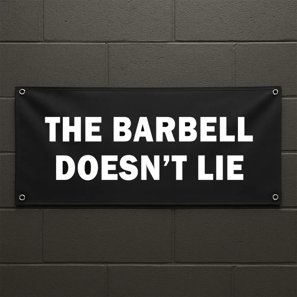 The Barbell Doesn't Lie Vinyl Banner - Bodybuilding Powerlifting Gym Decor - Workout Banner for Home or Fitness Studio - 48x18 Vinyl with Grommets - Printlabz Flag Banner - PTT0008