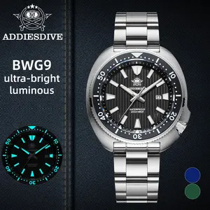 ADDIESDIVE Diver Watch Men's Stainless Steel Watch -  Sapphire Crystal Striped Dial Luminous 200m Waterproof Analog Watches With Calendar Casual Quartz Watch