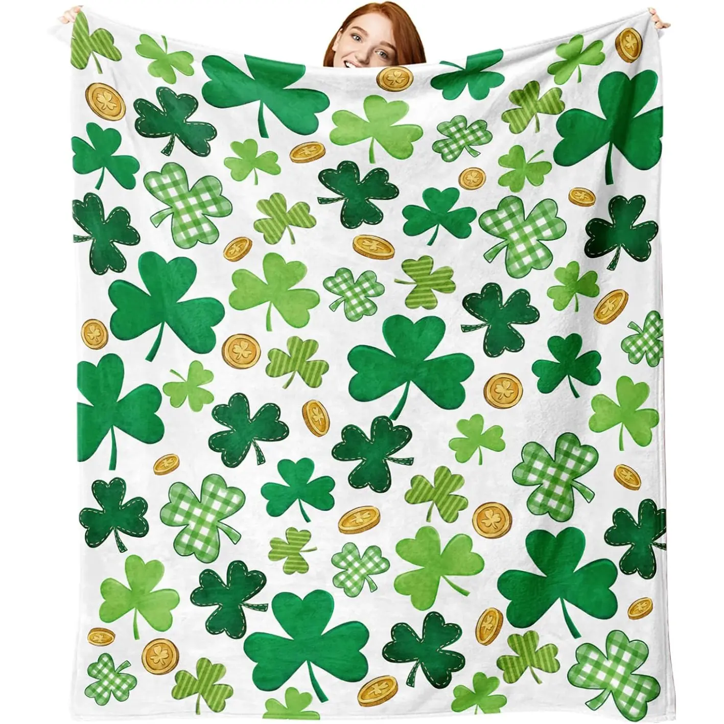 1pc St. Patrick's Day flannel blanket with lucky shamrock and gold coin design, a birthday gift suitable for both men and women; Irish Spring buffalo plaid striped soft blanket, suitable for bedding and sofas.