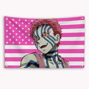 Pink tapestry and banner featuring the anime "Demon Slayer" to decorate garage outdoor space.