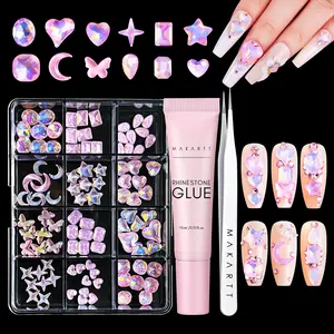 Makartt Nail Charms Rhinestone Kit: 15ml Gel Glue, 100pcs Pink Rhinestones with Tweezer for DIY Nail Art and Decor, Ideal Christmas Gift Set