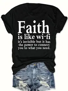 Women's Plus Size Faith-Based T-Shirt with Religious Lettering & Godly Attributes Print - Short Sleeve Crew Neck Blouse for Spring Summer Casual Wear, Machine Washable Plus Size Top for Church Outfits & Casual Attire