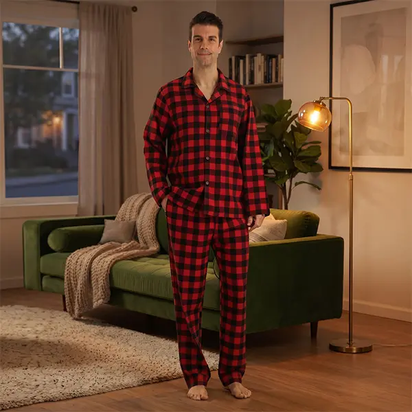 Mens Pyjamas Set Cotton Checked Flannel Lounge Wear Long Sleeve Top & Bottoms Christmas Pyjamas for Men Soft Nightwear Pjs