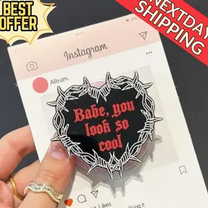 Babe, You Look So Cool Magnetic Phone Grip – Gothic Heart Design, Motivational Quote Phone Holder, Black & Red Aesthetic, Edgy Accessory