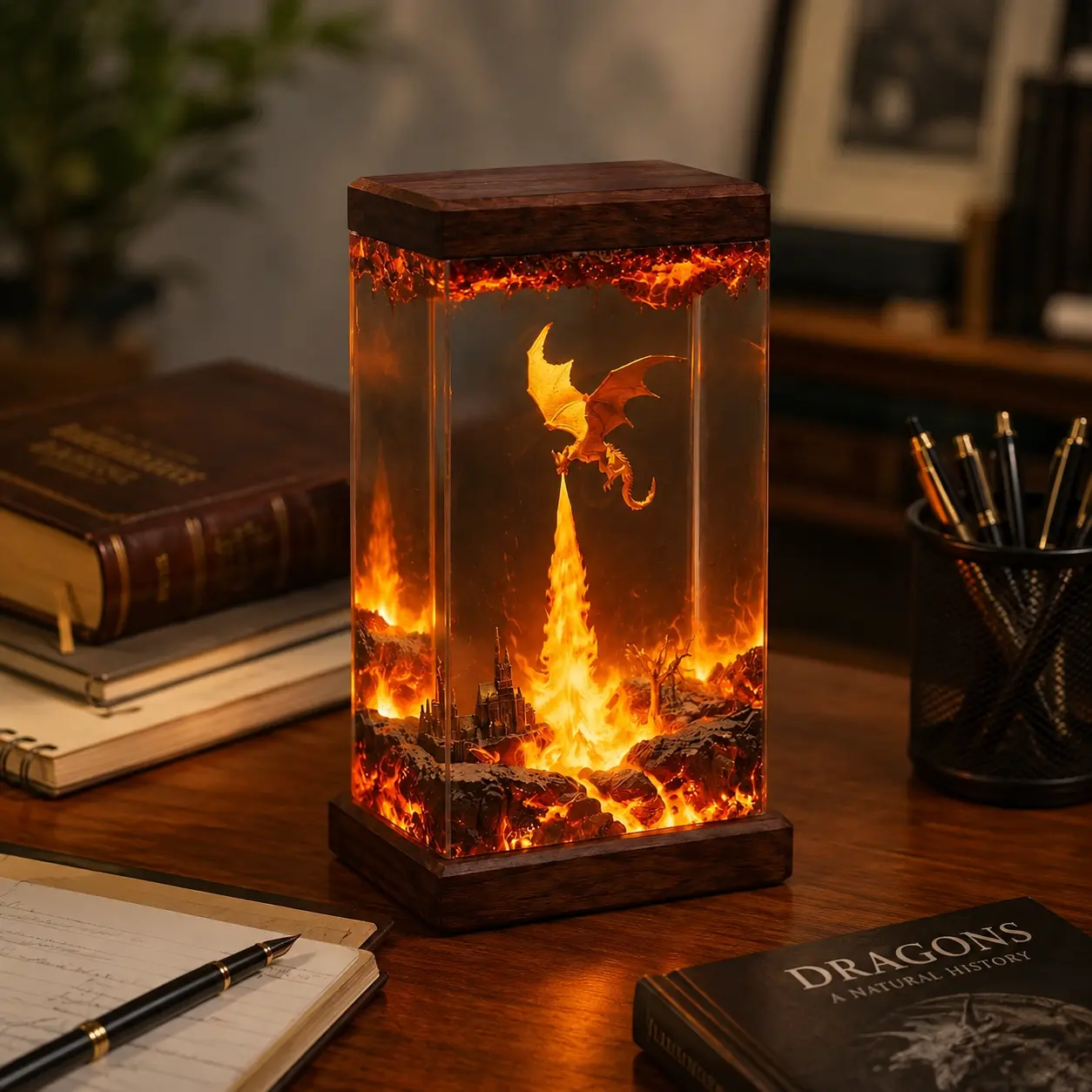 Fire Dragon Resin Lamp, Handmade Fantasy Resin Art, Dragon and Castle Diorama, Epoxy Resin Decorative Lamp, Wooden Base Home Decor, Dragon Sculpture, Fantasy Desk Decoration, Collectible Artwork, Gift for Dragon Lovers