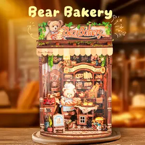 FUNPOLA 3D Wood Puzzle Bear Bakery LED Dollhouse Book Nook Kit - Miniature Bookshelf Insert DIY Home Decor Gift For Kids and Adults