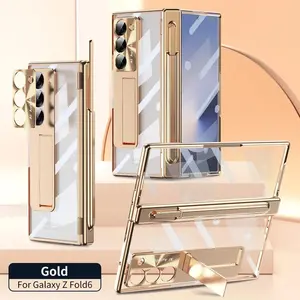 HAY For Samsung Galaxy Z Fold6 7 Phone Case Spring Hinge Pen Slot Holder With Pen Electroplating Transparent Shell Film ZFold6 Cover