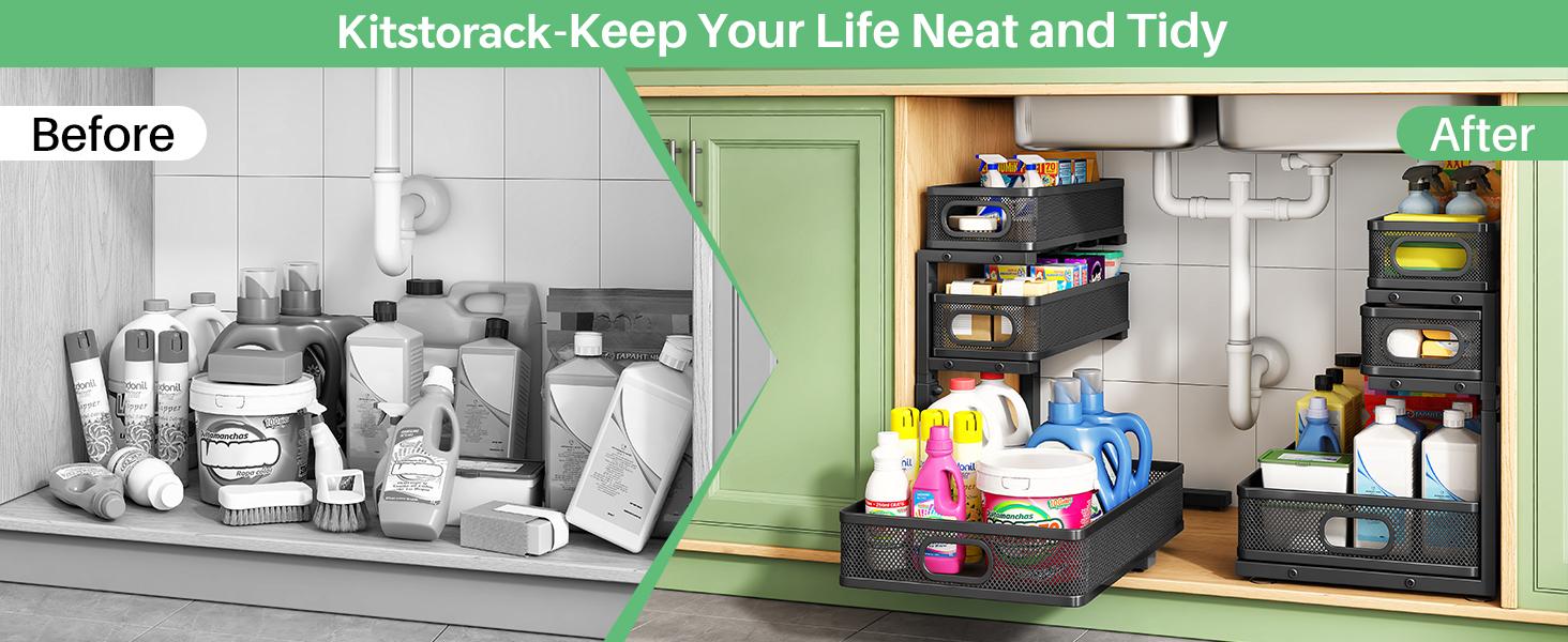 Kitstorack Under Sink Organizer, 2-Pack 3-Tier Height Adjustable Thickened Metal Pull out Cabinet Organizer Shelf, Slide out Storage Drawer Rack for Bathroom Kitchen Pantry Home Laundry Organization