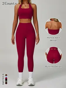 Two-Piece Set Women's Solid Sports Bra & High Waist Leggings Set, Quick Drying Breathable Comfortable Outfits for Yoga Gym Workout Running, Ladies Sportswear for All Seasons, Workout Running Clothes