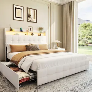 Queen Size Bed Frame with 2 Storage Drawers, Upholstered Bed Frame Queen with LED Light, Double-Layer Bedside Headboard with Charging Socket and USB Port, Soft Plush Fabric, White