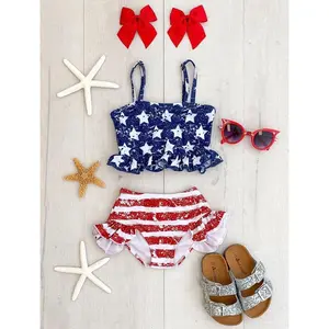 Toddler Infant Baby Girl 4th of July Swimwear Sleeveless Sling Star Ruffled Vest Striped Shorts Bathing Set