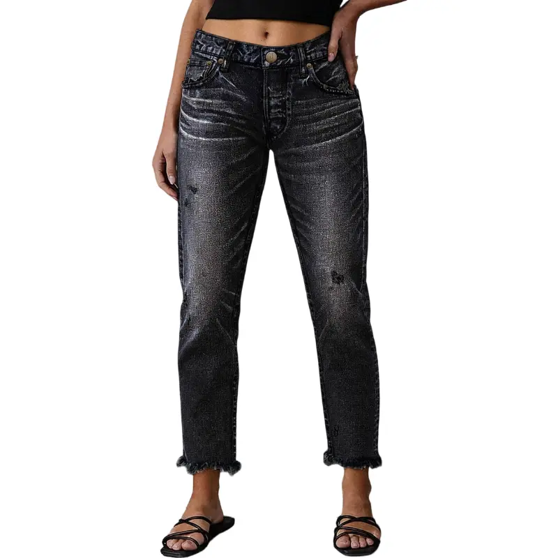 Flamingals Wash Ripped Raw Hem Mid Rise Straight Leg Crop Jeans Stretchy 25.2'' Inseam