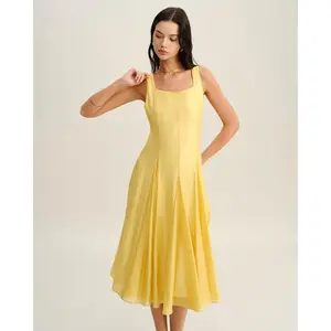 Yellow Square Neck Pleated Slip Midi Dress
