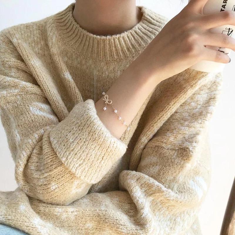 Sweet Lolita Crystal Bow Charm Pearl Beaded Bow Bracelet For Women Jewe Hot