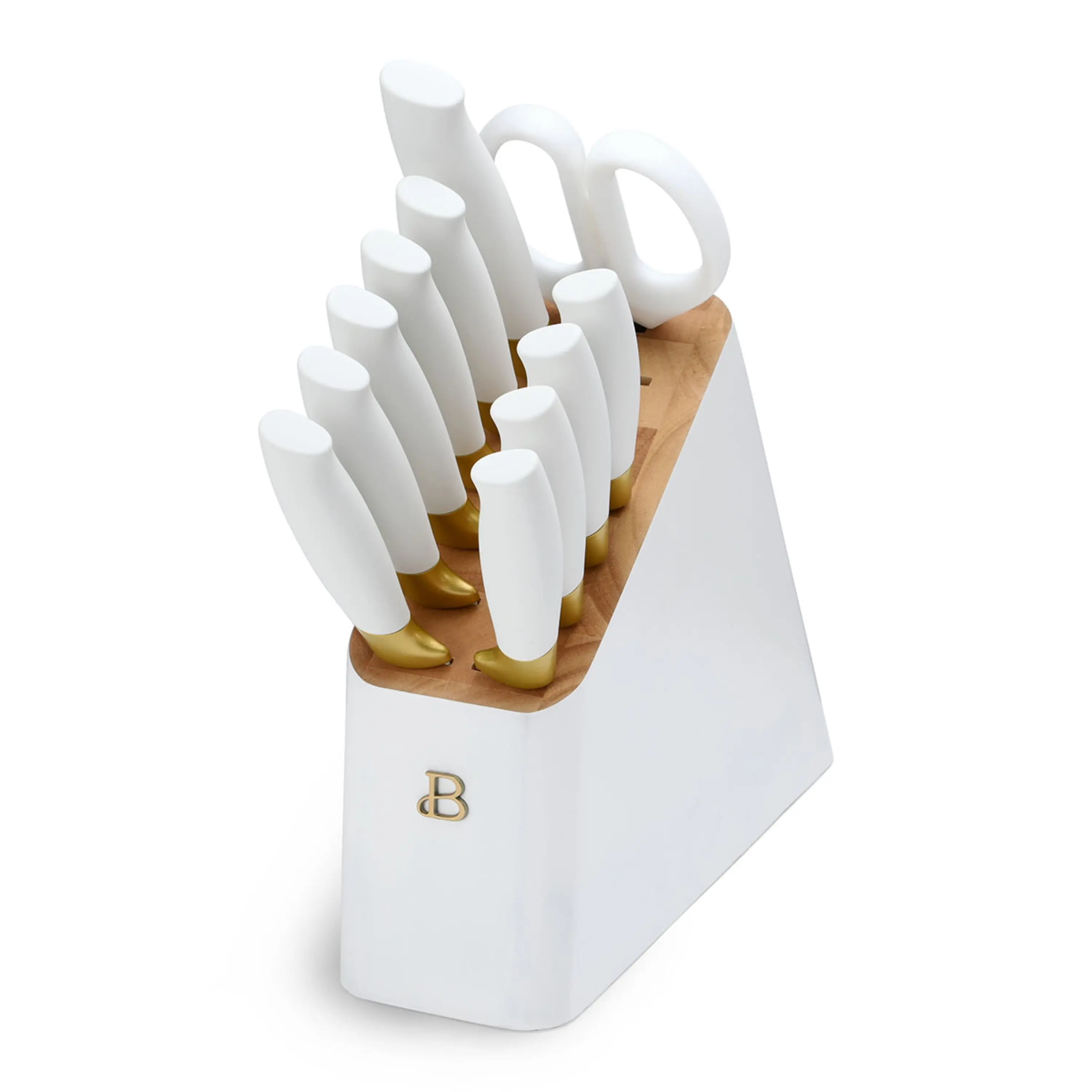 Drew Barrymore 12-Piece Stainless Steel Kitchen Knife Block Set with Soft-Grip Ergonomic Handles, White and Gold Finish