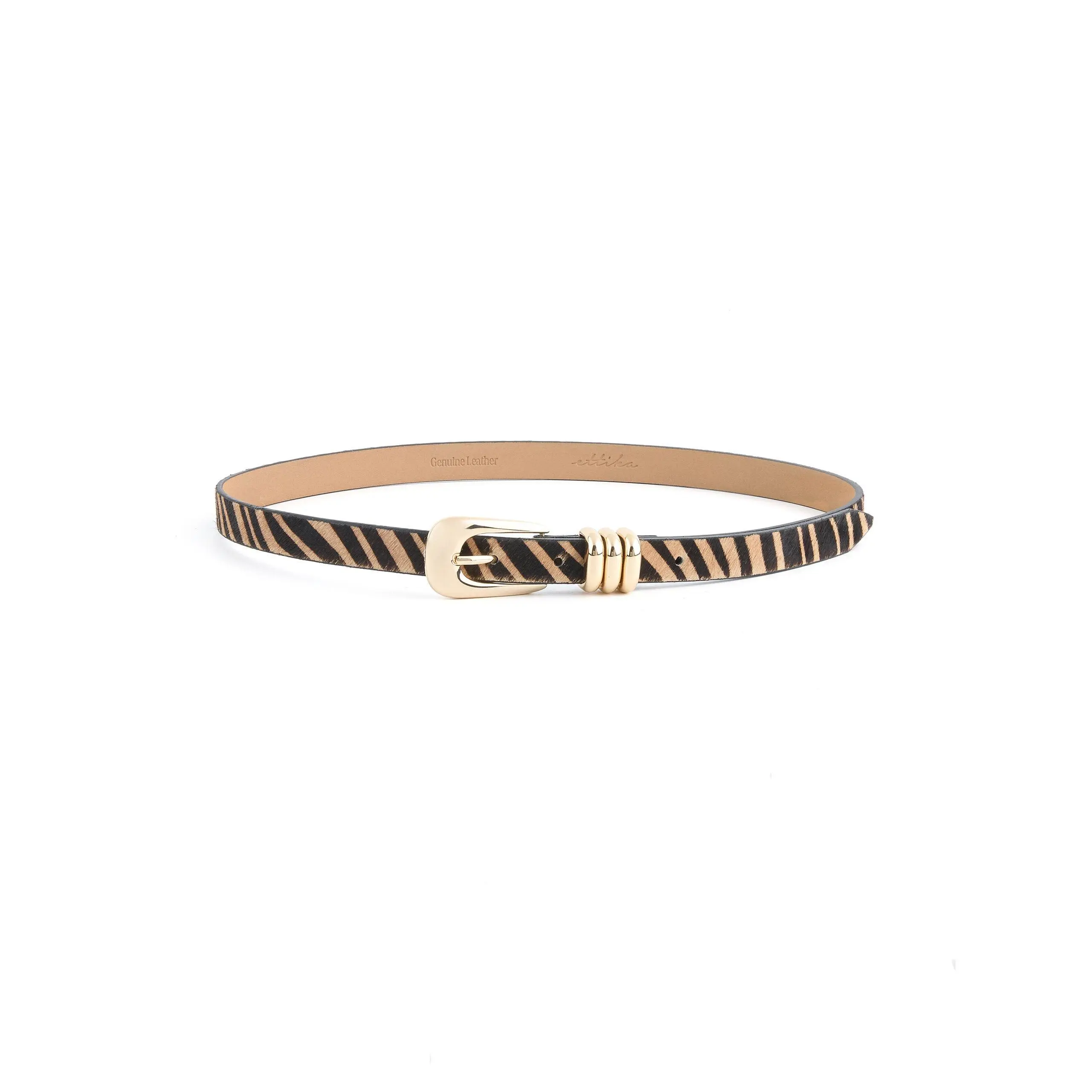 Ettika Tiger Print Skinny Belt | 18K Gold Plated Buckle | Genuine Leather Calf-Hair Belt | Statement Fashion Accessory for Her