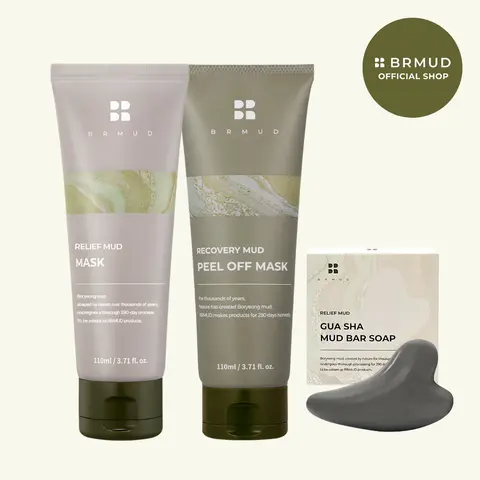[Official Shop] BRMUD Luxe Reboot Set – 3-Step Daily Detox Meal for Your Face with Mud Mask, Massage Soap & Peel-Off Mask for Radiant Skin, skin repair, cleansing, Mud Face Mask, Clay Texture Face Masks