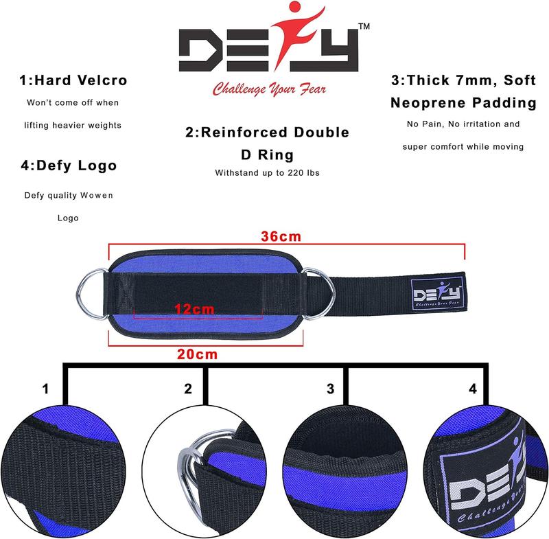 DEFY Fitness Best Ankle Straps Cable Machines Heavy Duty Stainless Steel Double D-Ring Adjustable Premium Comfort Neoprene for Glute, Abs & Legs Workout for Both Men & Women attachment