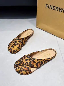 Summer Suede Texture Split Toe Cross Strap Mules, Leopard Print/ Solid Color Options, Flat Non-Slip Lazy Sandals, European Style Comfortable Shoes