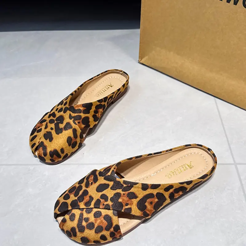 Summer Suede-Texture Split-Toe Cross-Strap Half-Slipper Mules, Mule Slides, Mule Flats, Women's Flat Non-Slip Lazy Sandals, European Style Comfortable Shoes, Leopard Print & Solid Color Options