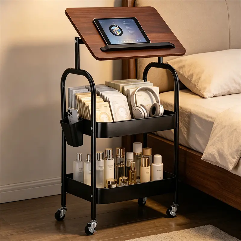 3 Tier Metal Rolling Utility Cart with Tabletop, Stable and Sturdy Rolling Storage Carts with 2 Lockable Wheels, For Small Spaces Kitchen Storage，Office Bookshelves, Bedroom, Walnut