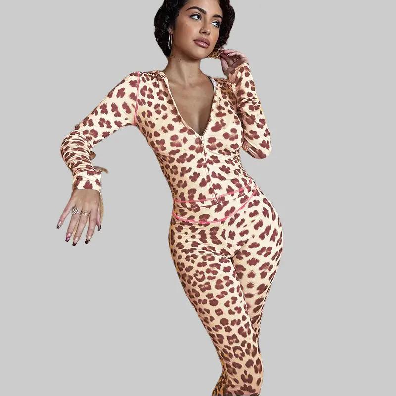 Sexy Leopard Print Sports Suit Women's 2025 Spring  New Long Sleeve Zipper Hoodie Crop Top & Long Wide-Leg Pants 2 Pieces Set Casual Party Club Elegant Wear Girls Clothes