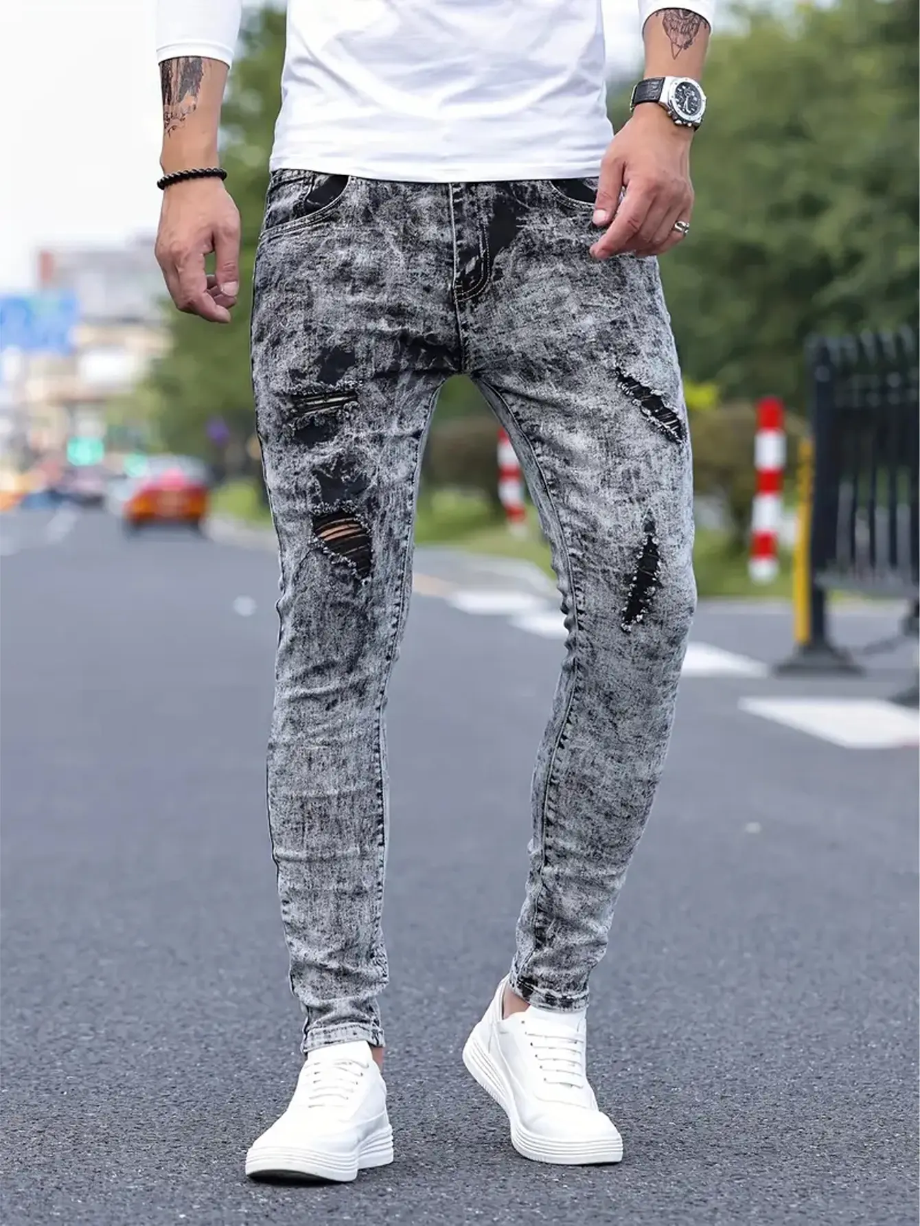 High-elastic slim-leg snow acid-wash multi-rip jeans — trendy grunge fashion for guys