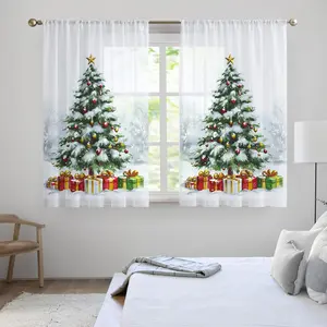 2Pcs Christmas snow scenery Christmas tree small gauze curtain, kitchen short curtain rod pocket chiffon coffee shop curtain suitable for kitchen bathroom small semi curtains