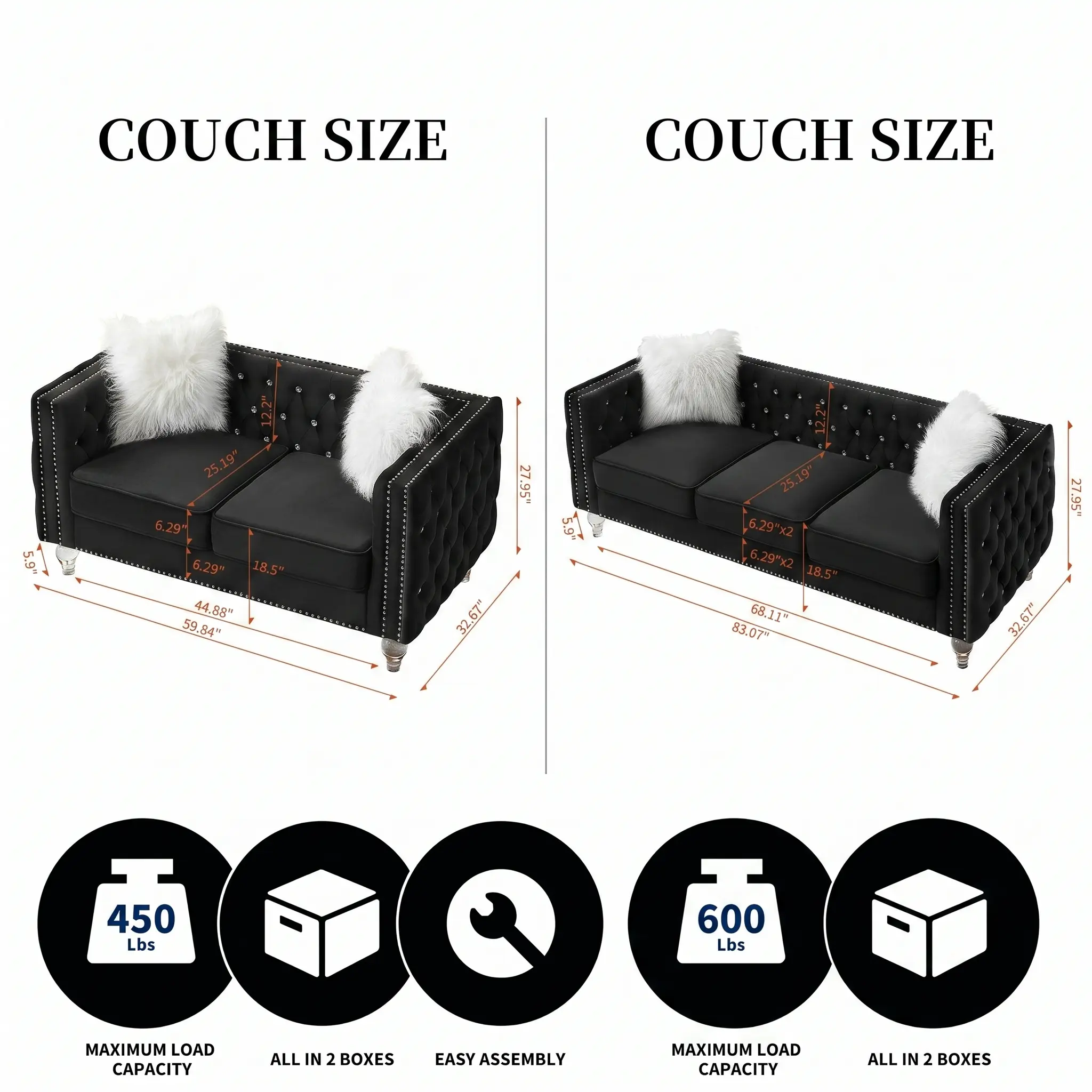 HIPIHOM Luxury Black Velvet Sofa Set - Elegant Tufted Chesterfield Loveseat & 3-Seater Couch, Nailhead Trim, Clear Acrylic Legs, Comfort Cushioning with Fluffy Pillows, Premium Living Room Furniture for Home Decor(B)