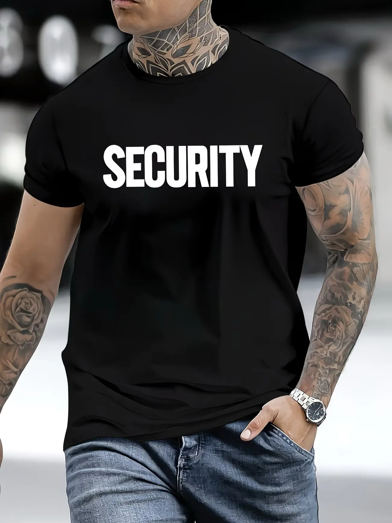 Men's Casual Round Neck Shortsleeve Tshirt - Polyester Fabric, Bold SECURITY Print, Secure Shoulder Design, Smooth Texture, Mens Fashion Streetwear for Summer Everyday Wear