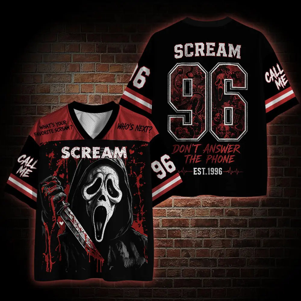 Scream 1996 Horror Movie Mesh Baseball Jersey, Slasher Killer Custom 96 Sport Shirt, Aesthetic Spooky Season Graphic Team Uniform, Novelty Halloween Party Costume Top