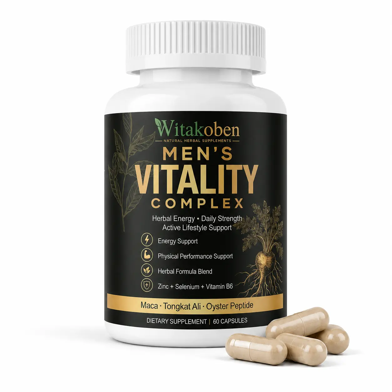 WITAKOBEN Maca Root Capsules for Men, Men’s Dietary Supplement with Tongkat Ali, Zinc, Selenium & Vitamin B6, 8-in-1 Vitality Complex, Energy & Stamina Support, 60 Capsules