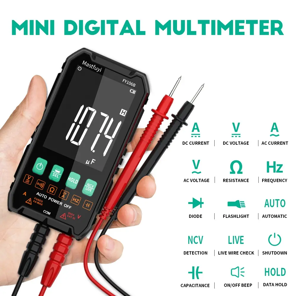 Mastfuyi True RMS Smart Auto-Ranging Digital Multimeter - 3999-Count , CAT III 600V Professional Voltage Tester with Test Leads, Mini Size, 40nf~4mf Accuracy, Auto Function Detection, Flame-Retardant ABS Casing, Low Battery Reminder Icon, Aut