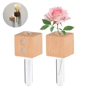 2Pcs Mini Vase Fridge Magnets,3D Magnetic Wooden Wall Vase Holders with Glass Test Tube,Cute Test Tube Plant Flower Vase,Magnetic Attachment Hard no Falling,Modern Home for Kitchen,Refrigerator,Bedroom,Wall,Office Decorations