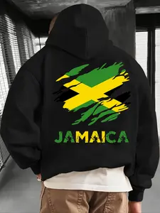 1PCS Casual Hoodie with Kangaroo Pocket, Suitable for Daily Wear & Outdoor Sports, Fleece-Lined Trendy Hoodie for Autumn and Winter, Featuring Jamaica Flag Print on Front and Back