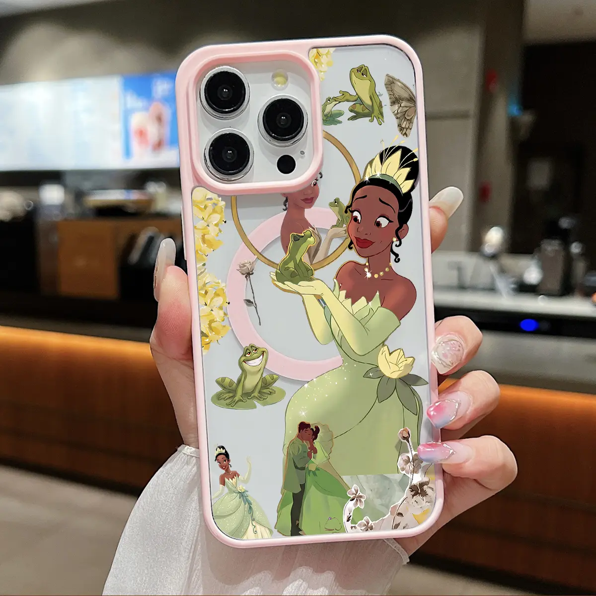 Princess Tiana Frog Prince Kiss Pattern Clear Magnetic Phone Case , Compatible with MagSafe Silicone Bumper Protective Cover For iPhone X XS 11 12 13 14 15 16 17 Pro Max Plus Air