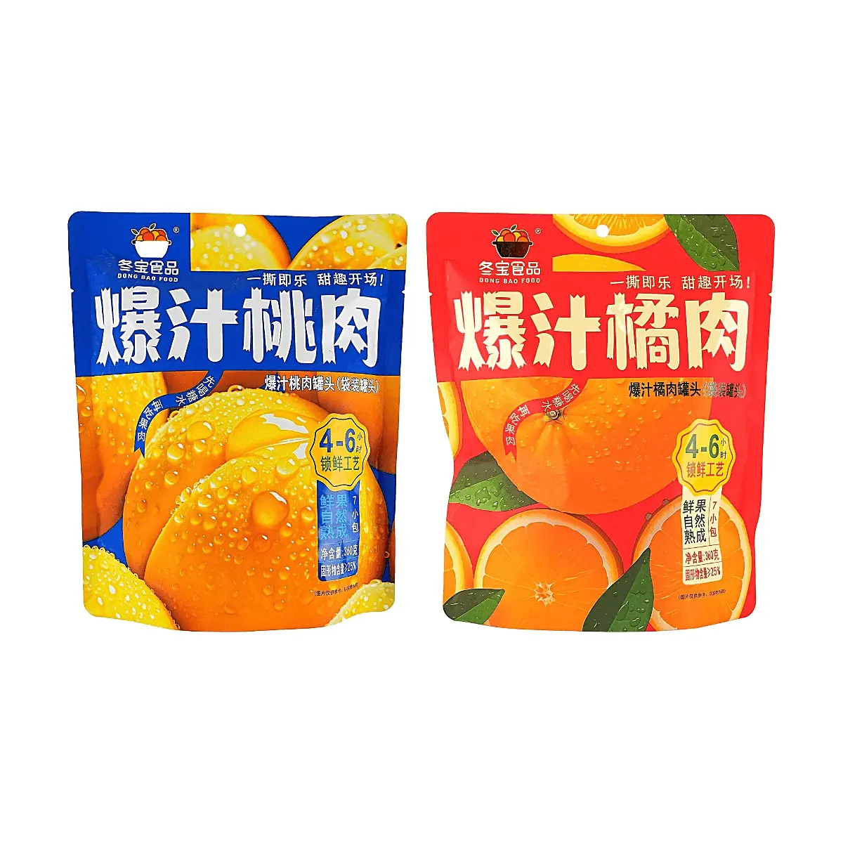 DONG BAO FOOD Juicy Peach & Orange Fruit Cups - 2 Flavor Combo Pack (2 Cans, 720g) - Whole Fruit Pulp, Ready to Eat Snack