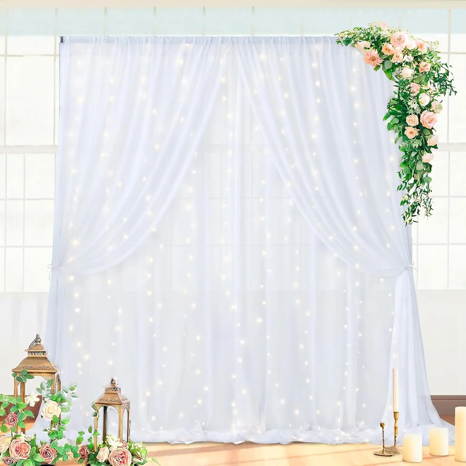 White Tulle Sheer Backdrop Curtain Set with String Lights, 4 Panels (5ft×10ft Each, 20ft×10ft Total) for Wedding Decor, Room Accents, Business Photo Shoots