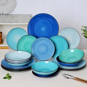 Artmica 18-Piece Stoneware Muticolour Dinnerware Set for 6, Handpainted Spirals Pattern Ceramic Combination Set with 10.5in Dinner Plate, 7.5in Dessert Plate and 27oz Soup Bowl dinnerware Cutlery Tableware