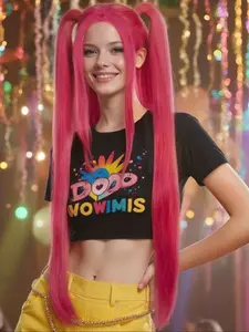 Anime rose red long wig, suitable for female KPOP role-playing roles, long straight hair wig with two braids and headband, suitable for adult character parties Christmas comics